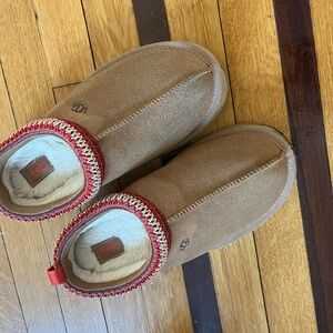 UGG Chestnut Suede Slip-Ons with Red Knit Collar